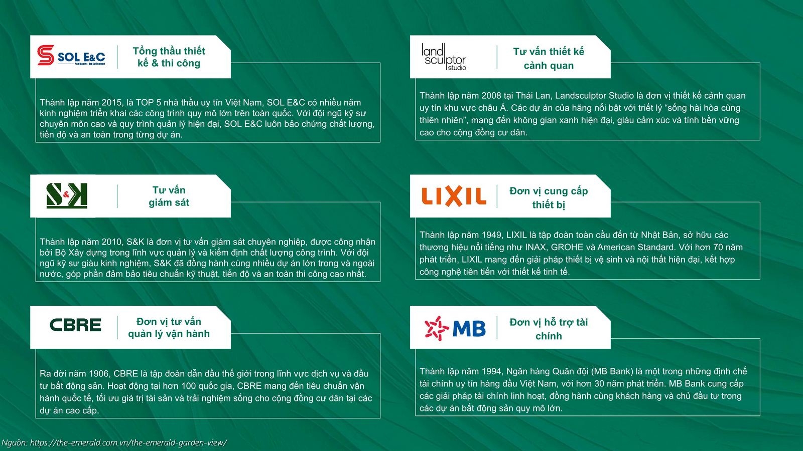Các đối tác chiến lược dự án căn hộ chung cư The Emerald Garden View (SOL E&C, S&K, CBRE, Landsculptor, LIXIL, MB Bank)