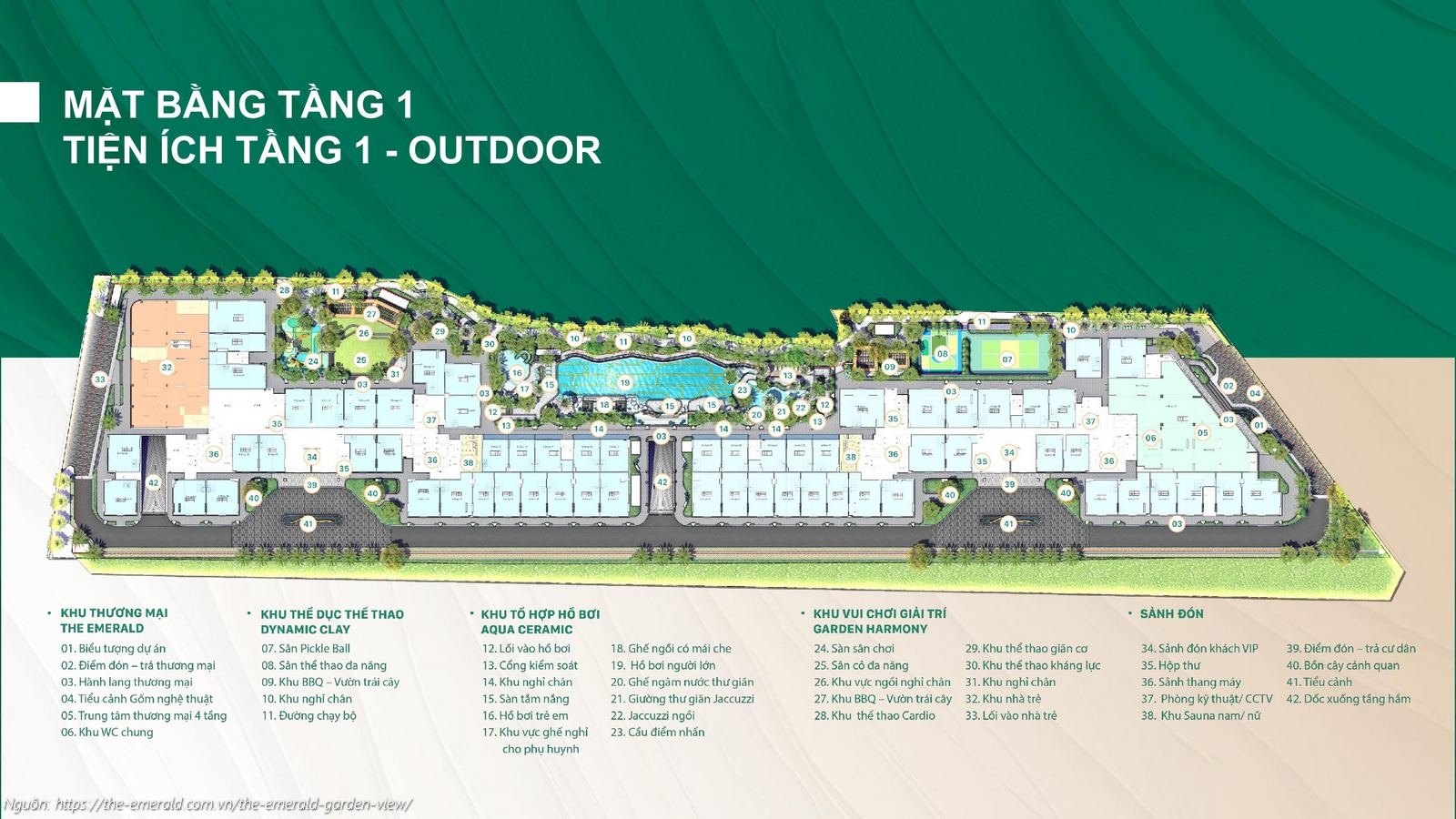 Mặt bằng tiện ích Tầng 1 (Tầng trệt) dự án căn hộ chung cư The Emerald Garden View