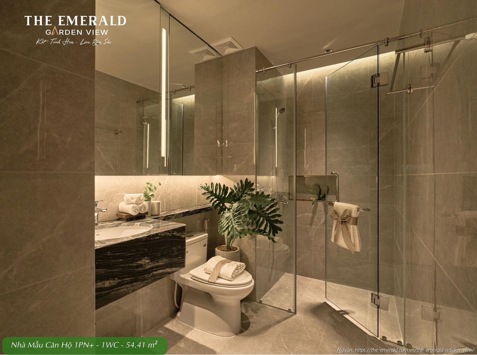 Phòng tắm WC tiện nghi tại nhà mẫu căn hộ 1 phòng ngủ cộng diện tích tim tường 54.41 m2 The Emerald Garden View